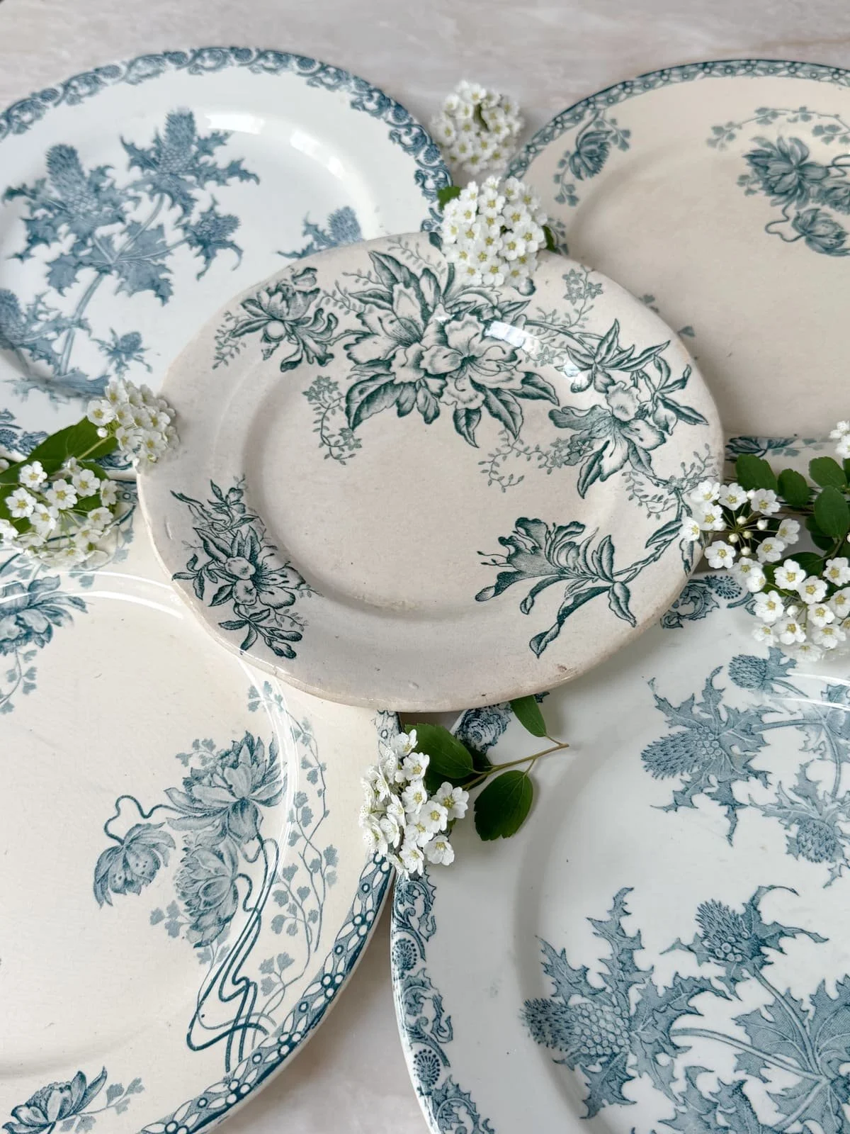 19th Century Antique French Ironstone Blue Floral Terre de Fer Plates